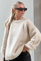 Calyra | Women's Oversized Wool Jumper Soft Fluffy Knit Relaxed Fit Cosy Ribbed Pullover-Women's Sweater-Beige-XS-