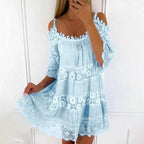 Meliora | Cold Shoulder Mini Dress for Women - Lace Floral Embroidery Regular Summer Fit-Mini Dress-Light Blue-S-Camoufit