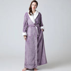 Women’s long plush robe in lilac, tie belt with soft white-fleece shawl collar