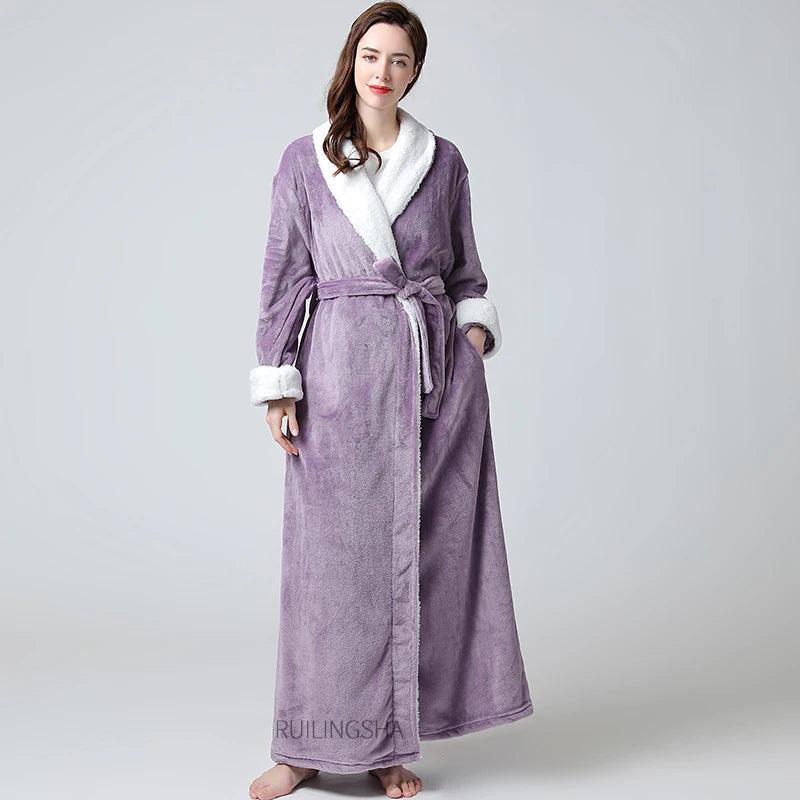 Women’s long plush robe in lilac, tie belt with soft white-fleece shawl collar