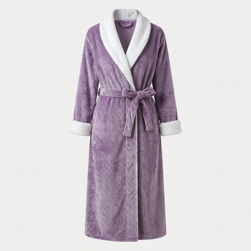 Luna women's long plush robe in lilac purple with white trim and tied belt