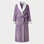 Luna women's long plush robe in lilac purple with white trim and tied belt