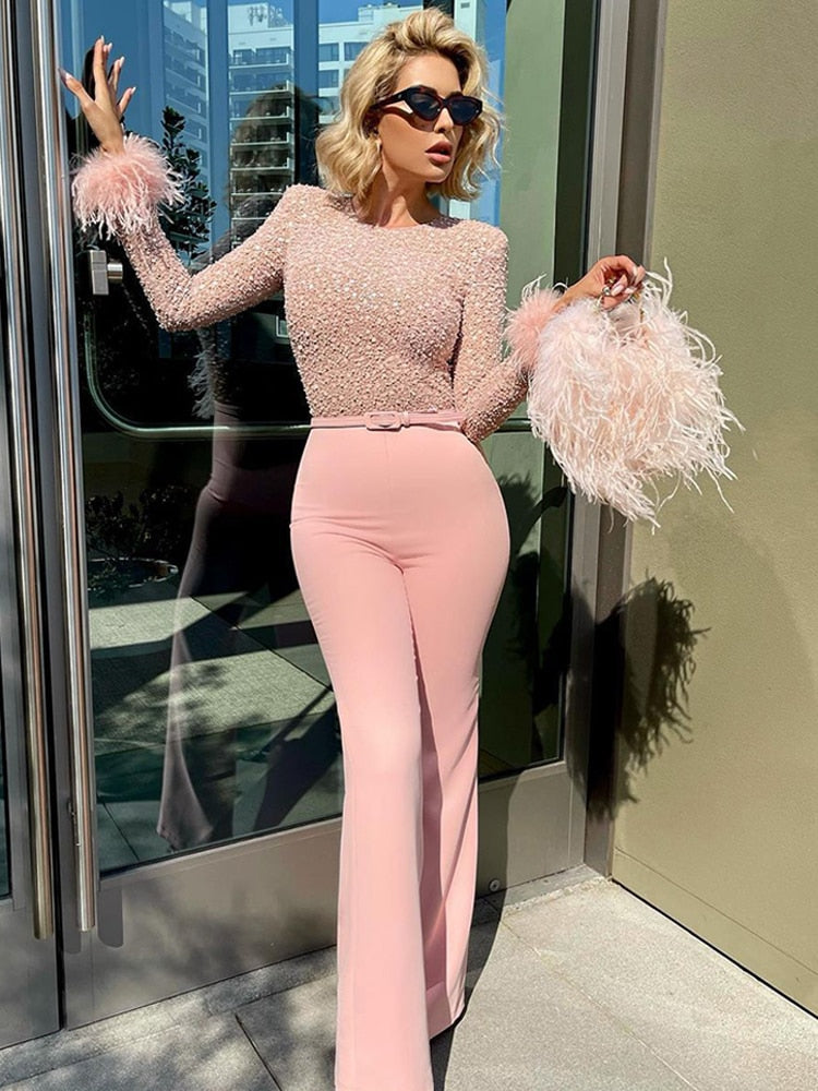 Women's Sequin Feather Jumpsuit – Glamorous Wide Leg Evening Fit-Jumpsuit-White-S-