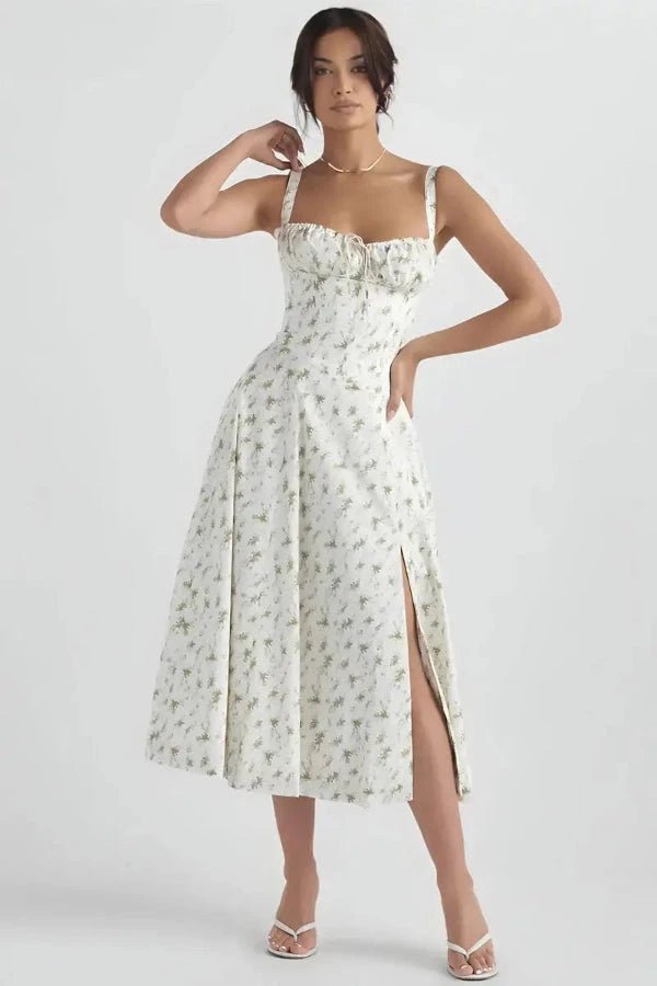 Linsay Bustier Summer Dress – Floral Corset Midi with Slit-Midi Dresses-White Floral-S-Camoufit