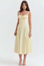 Linsay Bustier Summer Dress – Floral Corset Midi with Slit-Midi Dresses-Yellow-S-Camoufit