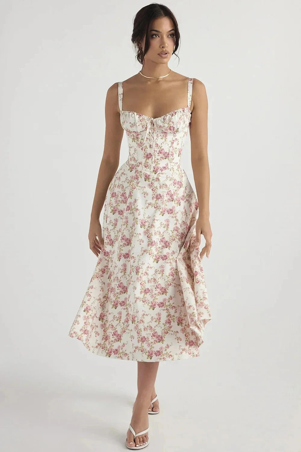 Linsay Bustier Summer Dress – Floral Corset Midi with Slit-Midi Dresses-Pink Print-S-Camoufit