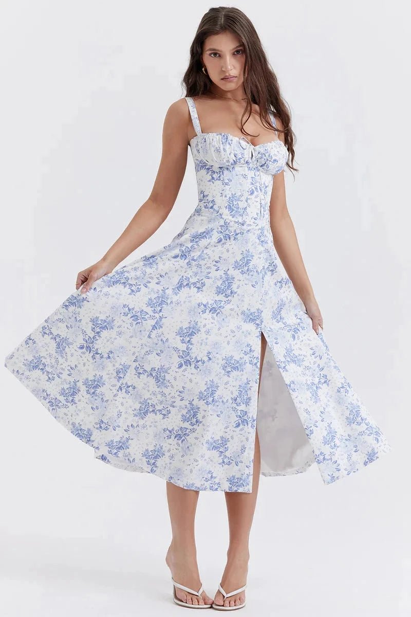 Linsay Bustier Summer Dress – Floral Corset Midi with Slit-Midi Dresses-Blue Floral-S-Camoufit