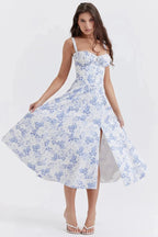 Linsay Bustier Summer Dress – Floral Corset Midi with Slit-Midi Dresses-Blue Floral-S-Camoufit