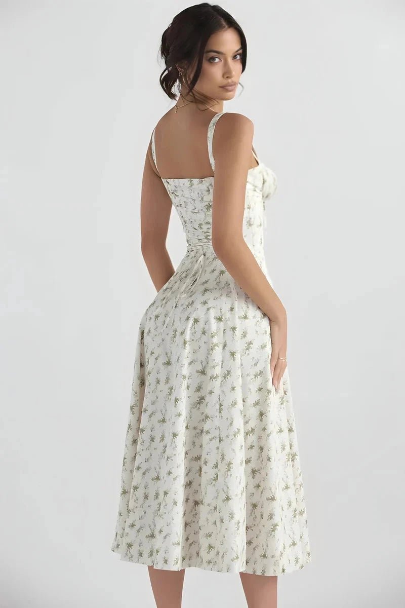 Linsay Bustier Summer Dress – Floral Corset Midi with Slit-Midi Dresses-White Floral-S-Camoufit