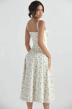 Linsay Bustier Summer Dress – Floral Corset Midi with Slit-Midi Dresses-White Floral-S-Camoufit