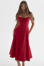 Linsay Bustier Summer Dress – Floral Corset Midi with Slit-Midi Dresses-Red-S-Camoufit