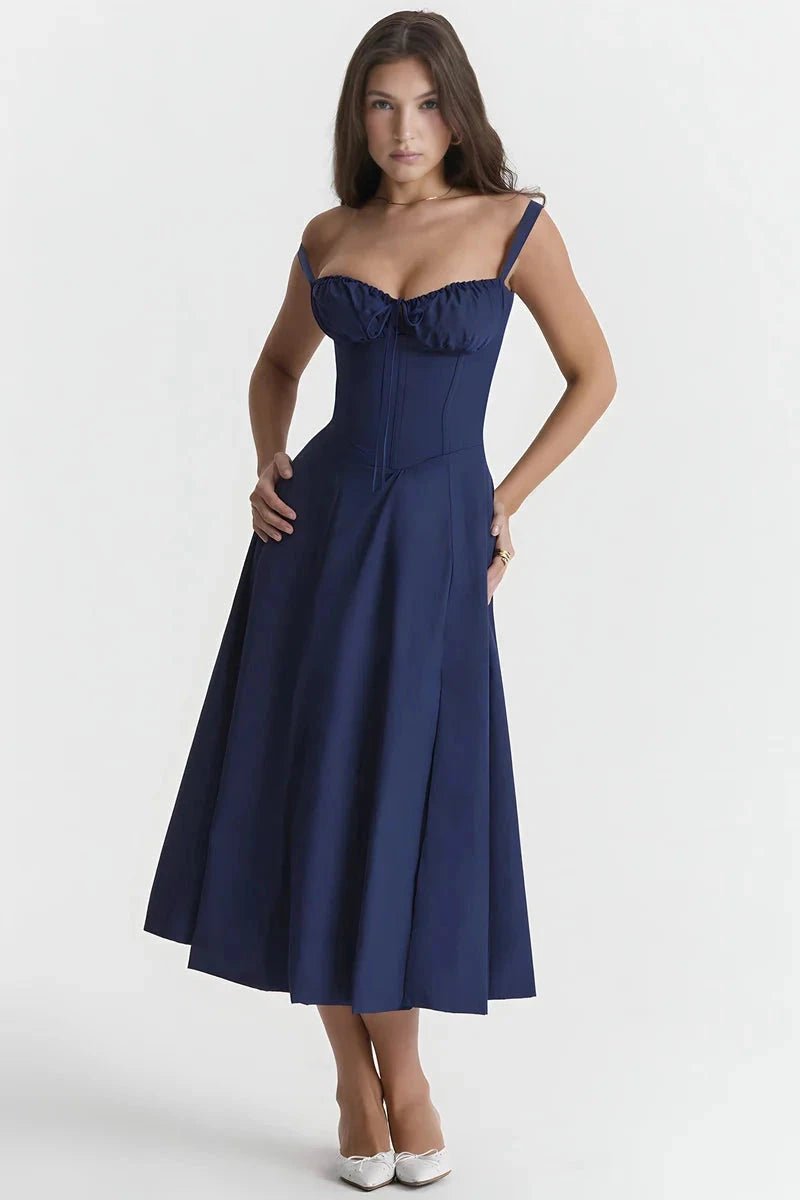 Linsay Bustier Summer Dress – Floral Corset Midi with Slit-Midi Dresses-Navy-S-Camoufit