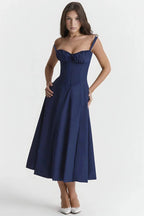 Linsay Bustier Summer Dress – Floral Corset Midi with Slit-Midi Dresses-Navy-S-Camoufit