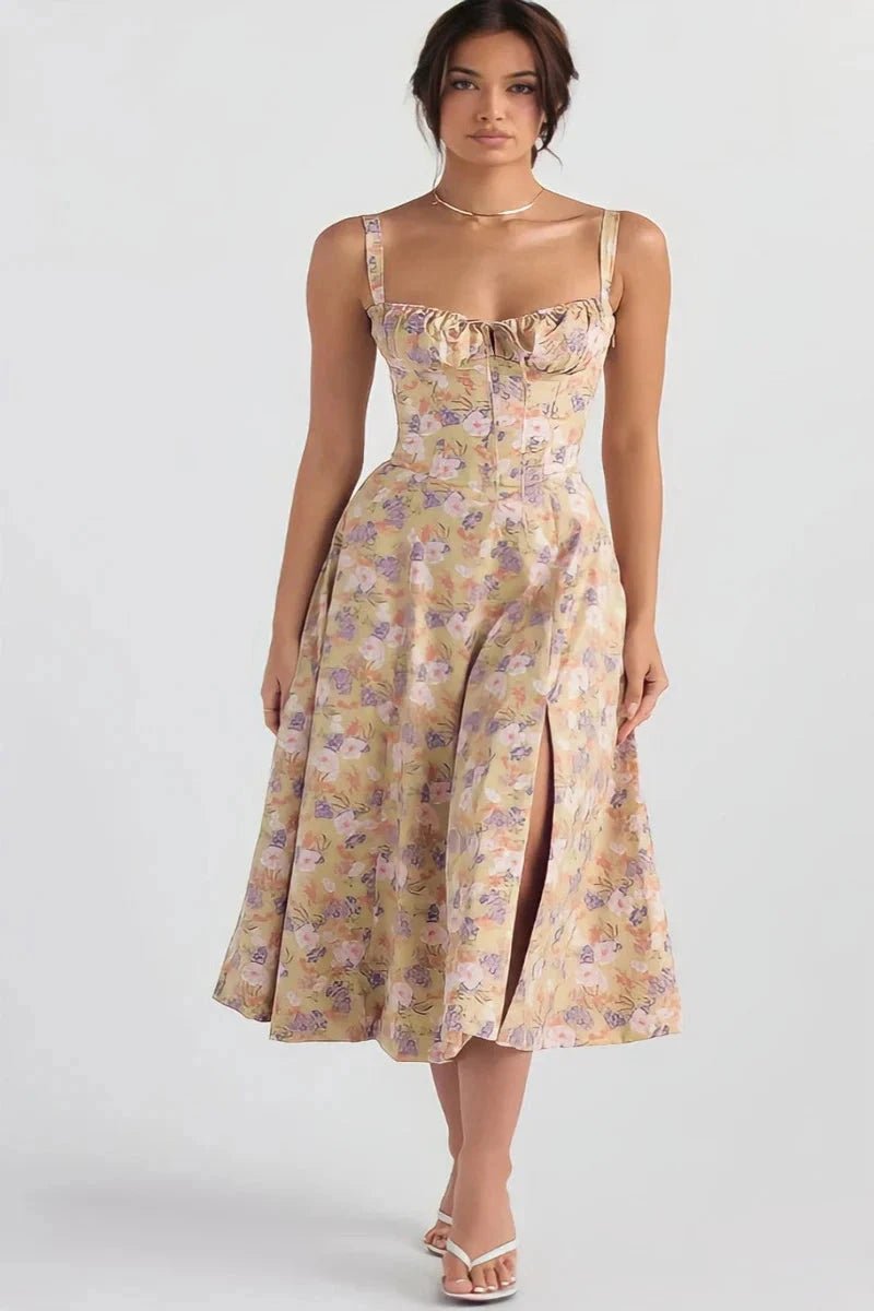 Linsay Bustier Summer Dress – Floral Corset Midi with Slit-Midi Dresses-White Rose-S-Camoufit