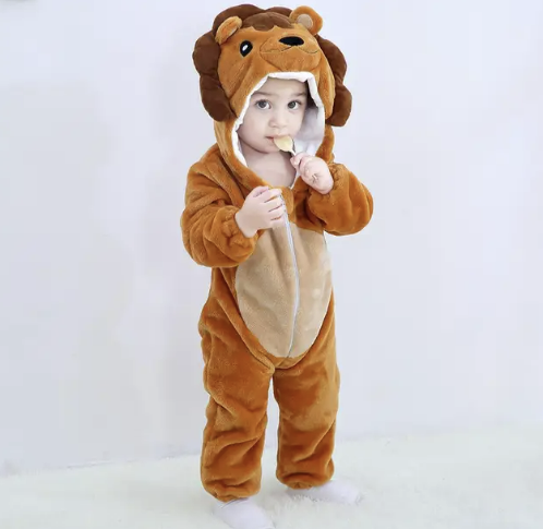 Brown lion animal onesie with hood and full-zip front, plush costume pajamas