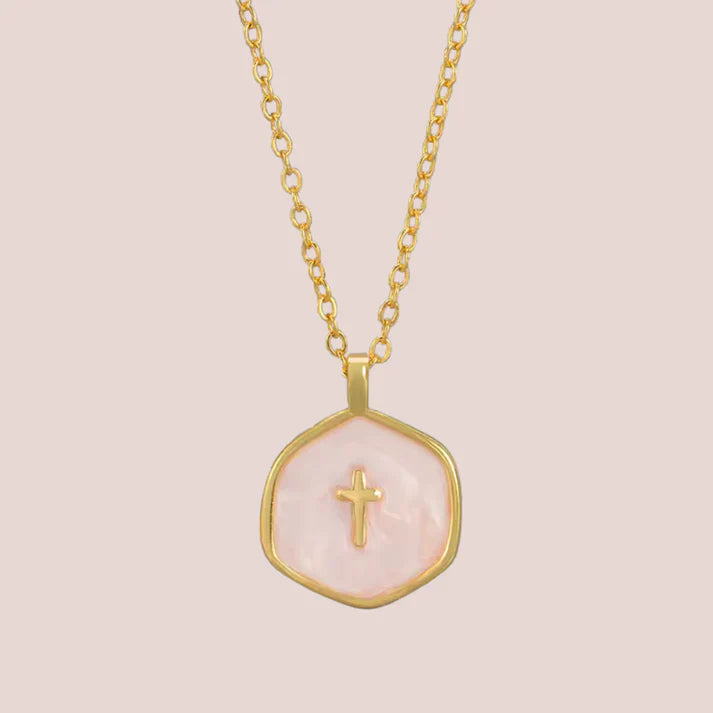 Elyvia | Cross Pendant Necklace for Women - Gold Enamel Minimalist Elegant Fit-Necklaces-Pearl Pink-Gold-plated-Camoufit