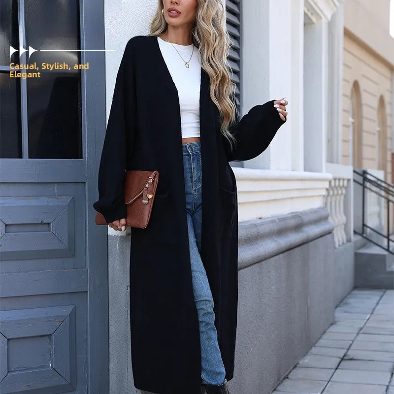 Vayelle | Women's Long Cardigan with Love Peace Print Knit Outerwear Casual Cosy Layering Jumper-Womens' Cardigan-Black-S-