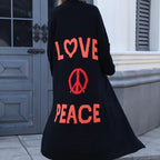 Vayelle | Women's Long Cardigan with Love Peace Print Knit Outerwear Casual Cosy Layering Jumper-Womens' Cardigan-Black-S-
