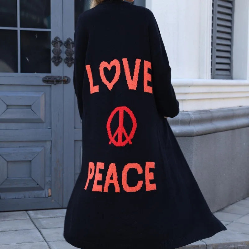 Vayelle | Women's Long Cardigan with Love Peace Print Knit Outerwear Casual Cosy Layering Jumper-Womens' Cardigan-Black-S-