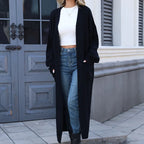 Vayelle | Women's Long Cardigan with Love Peace Print Knit Outerwear Casual Cosy Layering Jumper-Womens' Cardigan-Black-S-