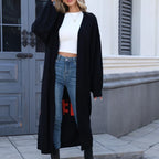 Vayelle | Women's Long Cardigan with Love Peace Print Knit Outerwear Casual Cosy Layering Jumper-Womens' Cardigan-Black-S-