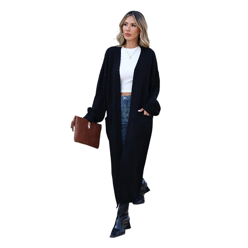 Vayelle | Women's Long Cardigan with Love Peace Print Knit Outerwear Casual Cosy Layering Jumper-Womens' Cardigan-Black-S-