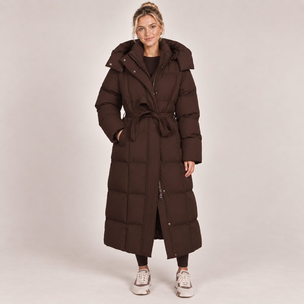 Long Puffer Coat Women Hooded Belted Padded Winter 3