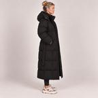Long hooded puffer coat, black, belted waist, padded winter jacket with front buttons