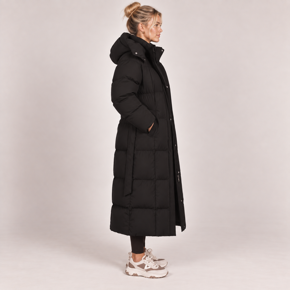 Long hooded puffer coat, black, belted waist, padded winter jacket with front buttons