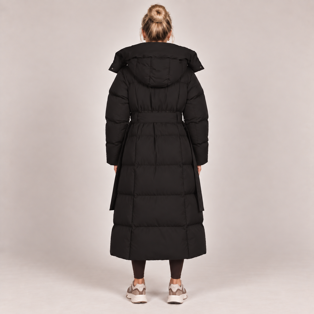 Long hooded puffer coat, black, belted waist, padded back view with hood