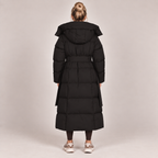Long hooded puffer coat, black, belted waist, padded back view with hood