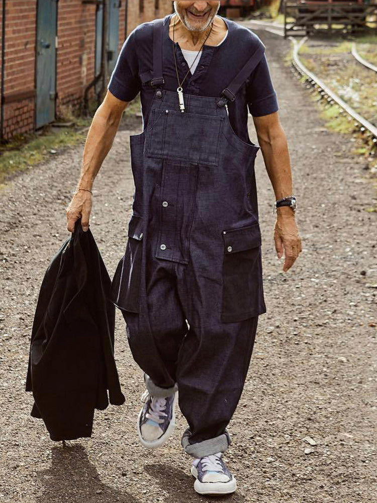 Loose Denim Overalls with Color Matching Pocket-Jumpsuits & Overalls-Black-M(Jeans 30)-Camoufit