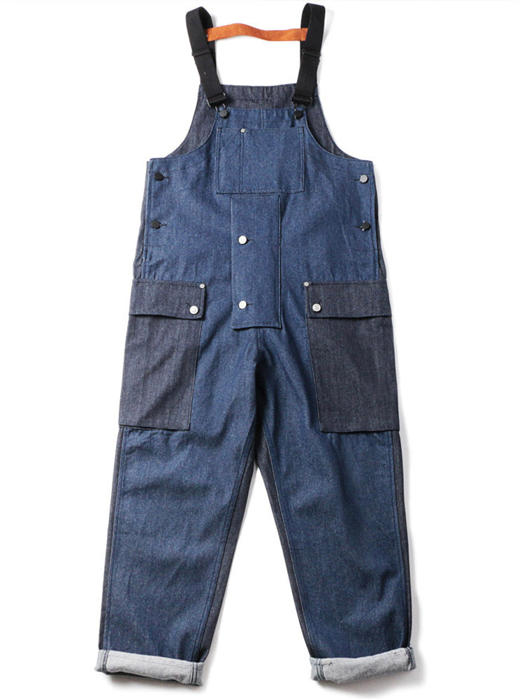 Loose Denim Overalls with Color Matching Pocket-Jumpsuits & Overalls-Blue-M(Jeans 30)-Camoufit