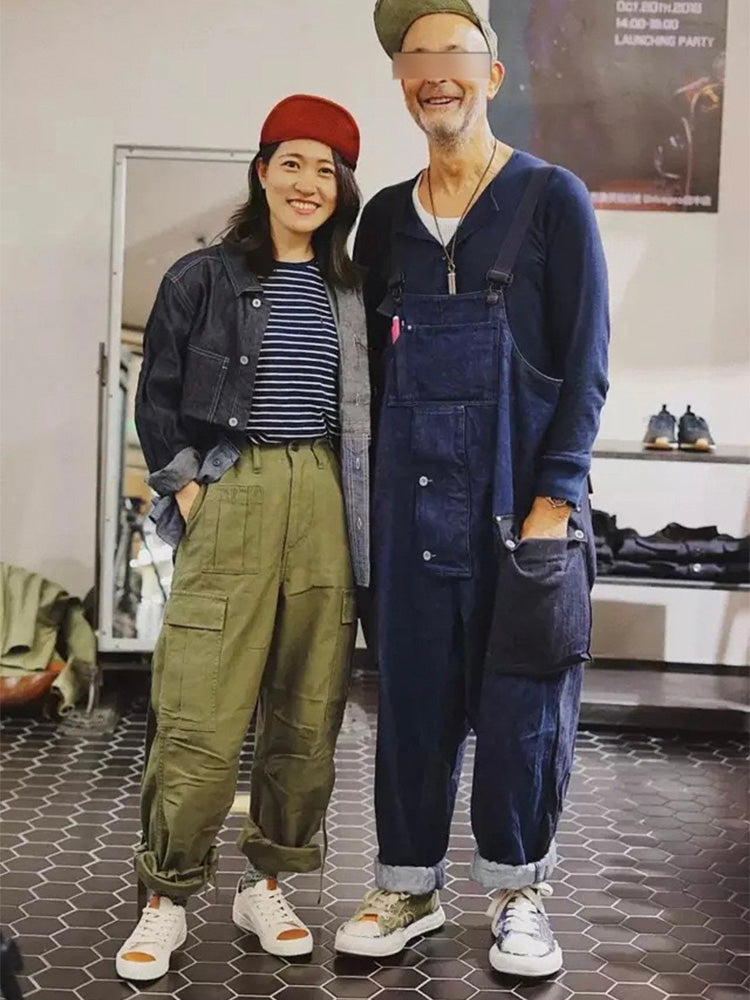 Loose Denim Overalls with Color Matching Pocket-Jumpsuits & Overalls-Camoufit