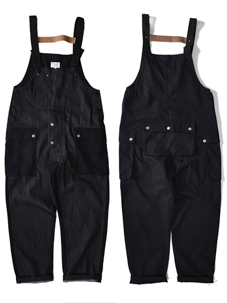Loose Denim Overalls with Color Matching Pocket-Jumpsuits & Overalls-Camoufit
