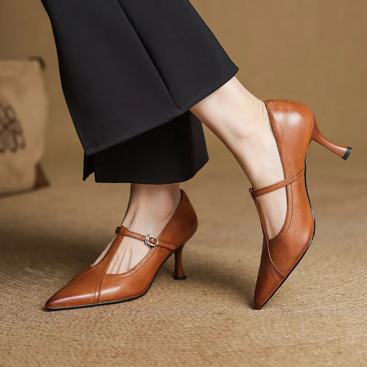 Lorena | Women’s Genuine Leather Heels – Chic Artisan Pointed-Toe & Refined Stiletto Comfort-Pointed Heels-Brown-4-