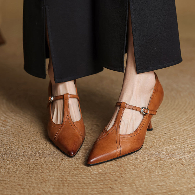 Lorena | Women’s Genuine Leather Heels – Chic Artisan Pointed-Toe & Refined Stiletto Comfort-Pointed Heels-Brown-4-