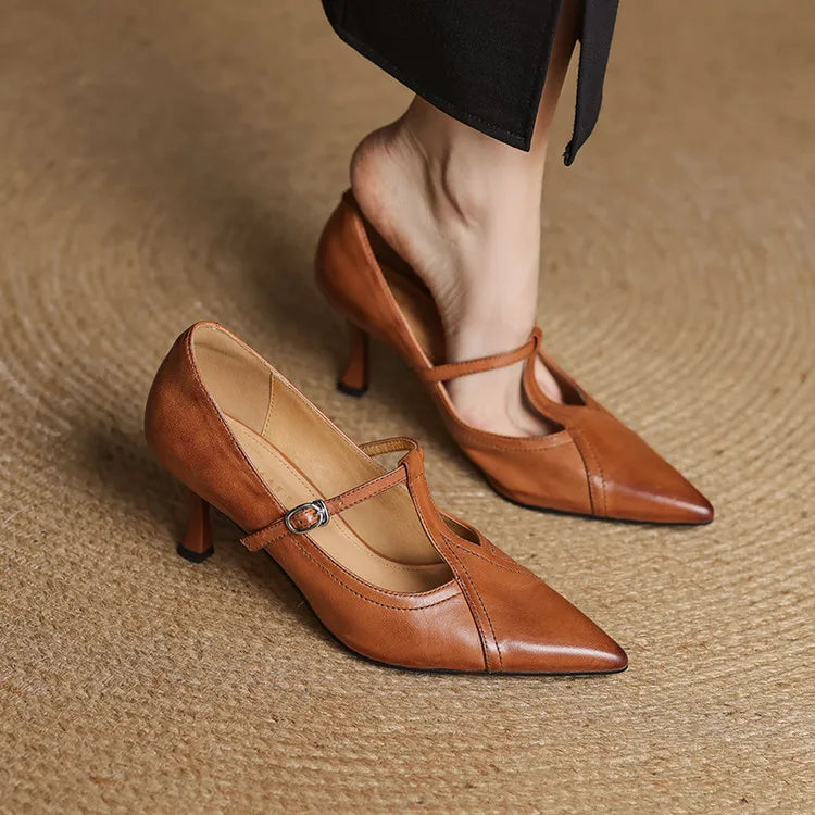 Lorena | Women’s Genuine Leather Heels – Chic Artisan Pointed-Toe & Refined Stiletto Comfort-Pointed Heels-Brown-4-