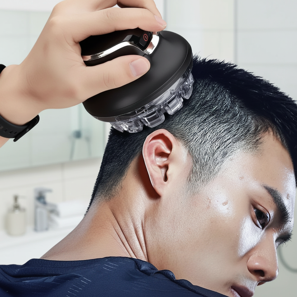 Cordless hair clipper trimmer held near short hair and fade neckline