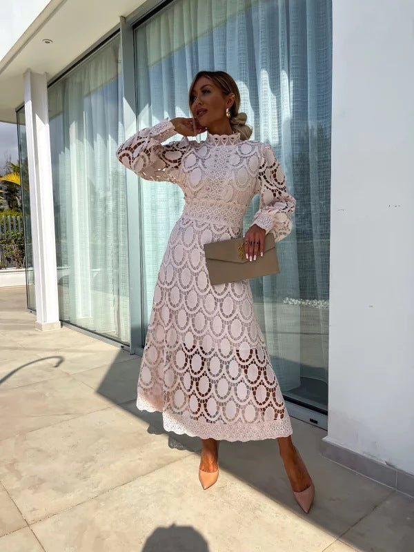 Women's Lace Midi Dress – Elegant A-Line Formal Occasion Fit-Wedding Guest Dresses-Apricot-S-
