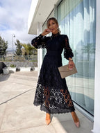 Women's Lace Midi Dress – Elegant A-Line Formal Occasion Fit-Wedding Guest Dresses-Black-S-