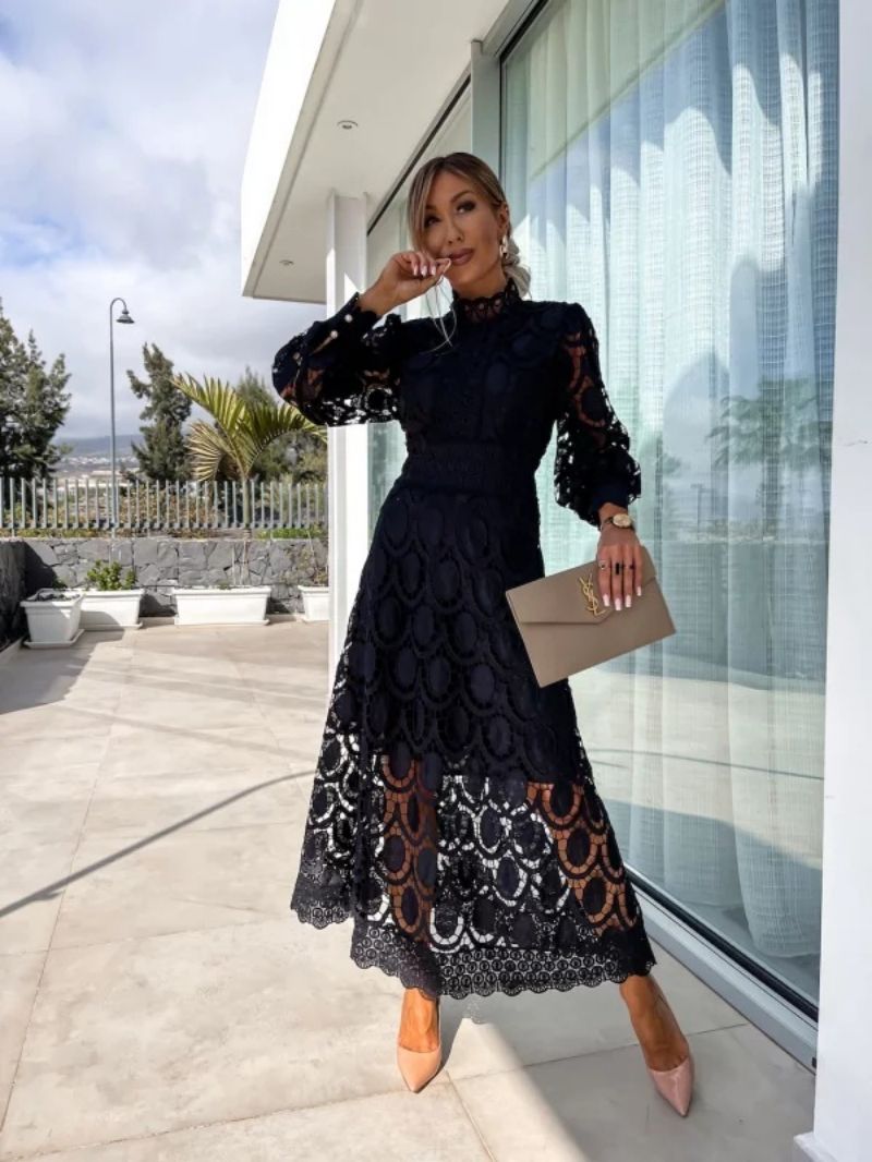 Women's Lace Midi Dress – Elegant A-Line Formal Occasion Fit-Wedding Guest Dresses-Black-S-