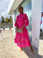 Women's Lace Midi Dress – Elegant A-Line Formal Occasion Fit-Wedding Guest Dresses-Pink-S-