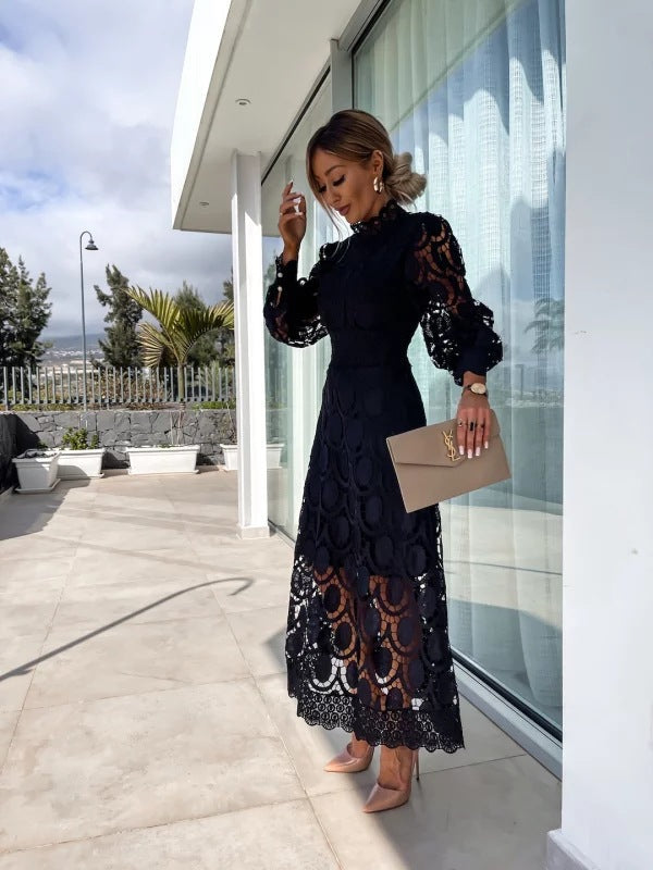 Women's Lace Midi Dress – Elegant A-Line Formal Occasion Fit-Wedding Guest Dresses-Apricot-S-