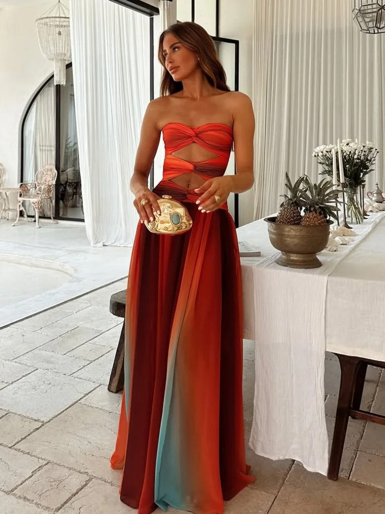 Isola | Strapless Maxi Dress for Women - Hollow Out A Line Flowy Summer Fit-Dresses-Red-S-Camoufit