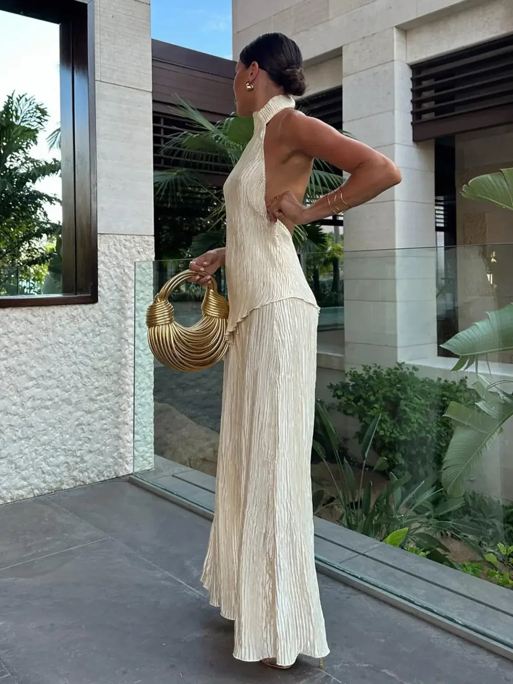 Women's Pleated Two Piece Set – Halter Wide Leg Elegant Fit-Women's Two Piece Sets-Beige-XS-