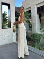 Women's Pleated Two Piece Set – Halter Wide Leg Elegant Fit-Women's Two Piece Sets-Beige-XS-