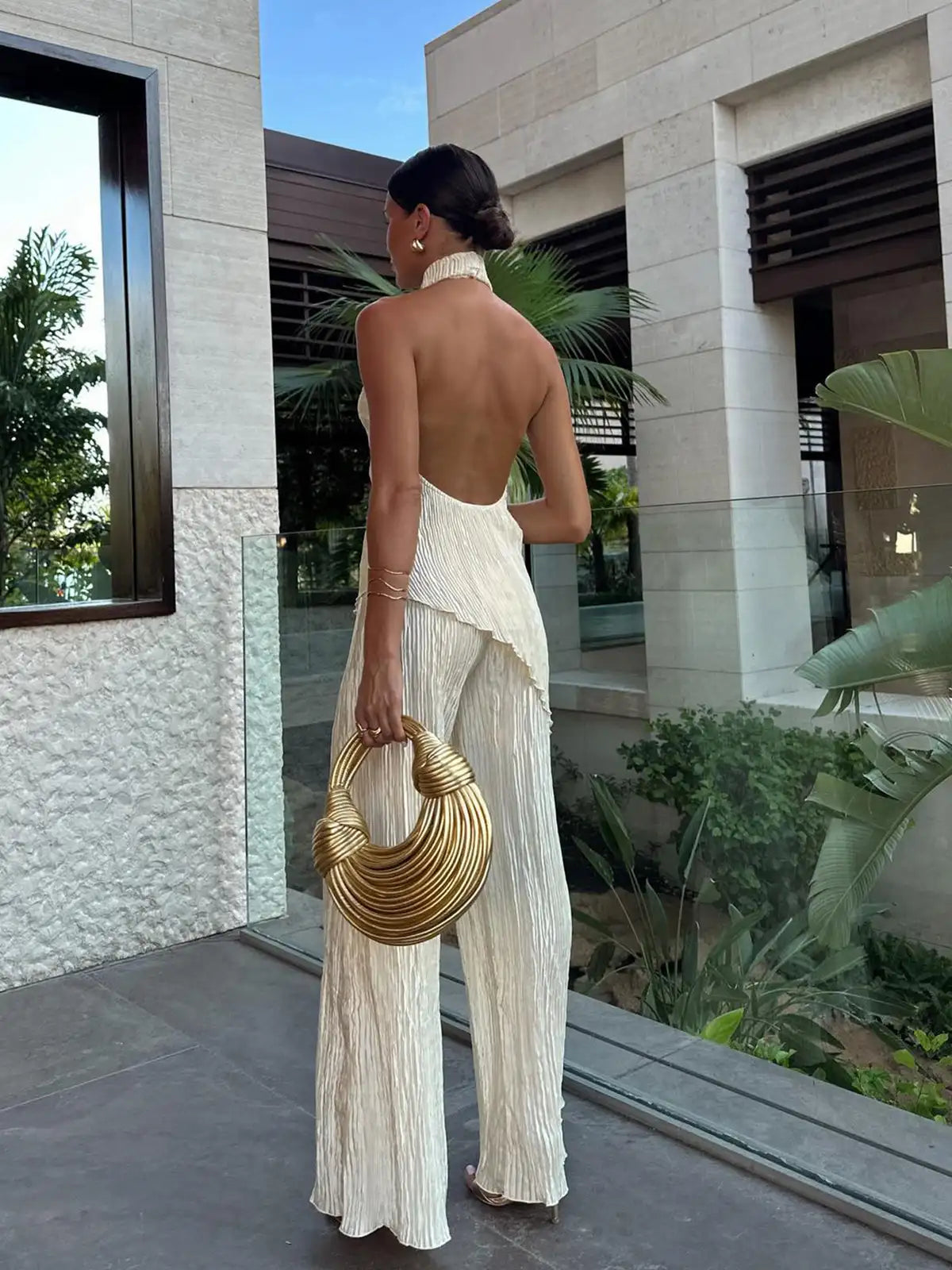 Women's Pleated Two Piece Set – Halter Wide Leg Elegant Fit-Women's Two Piece Sets-Beige-XS-