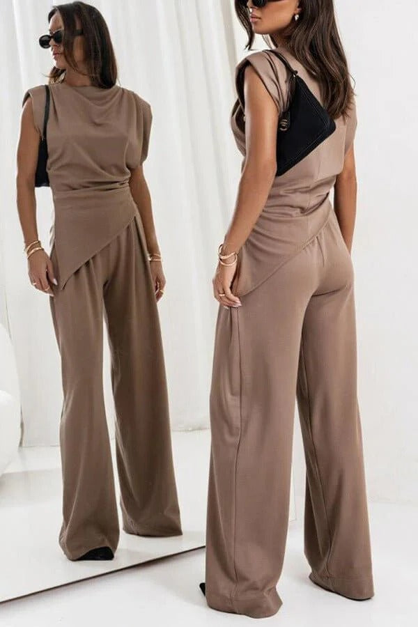 Verisse | Two Piece Set for Women - Draped Top Wide Leg Pants Elegant Fit-Women's Two Piece Sets-Light Grey-S-Camoufit