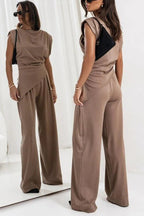 Verisse | Two Piece Set for Women - Draped Top Wide Leg Pants Elegant Fit-Women's Two Piece Sets-Light Grey-S-Camoufit